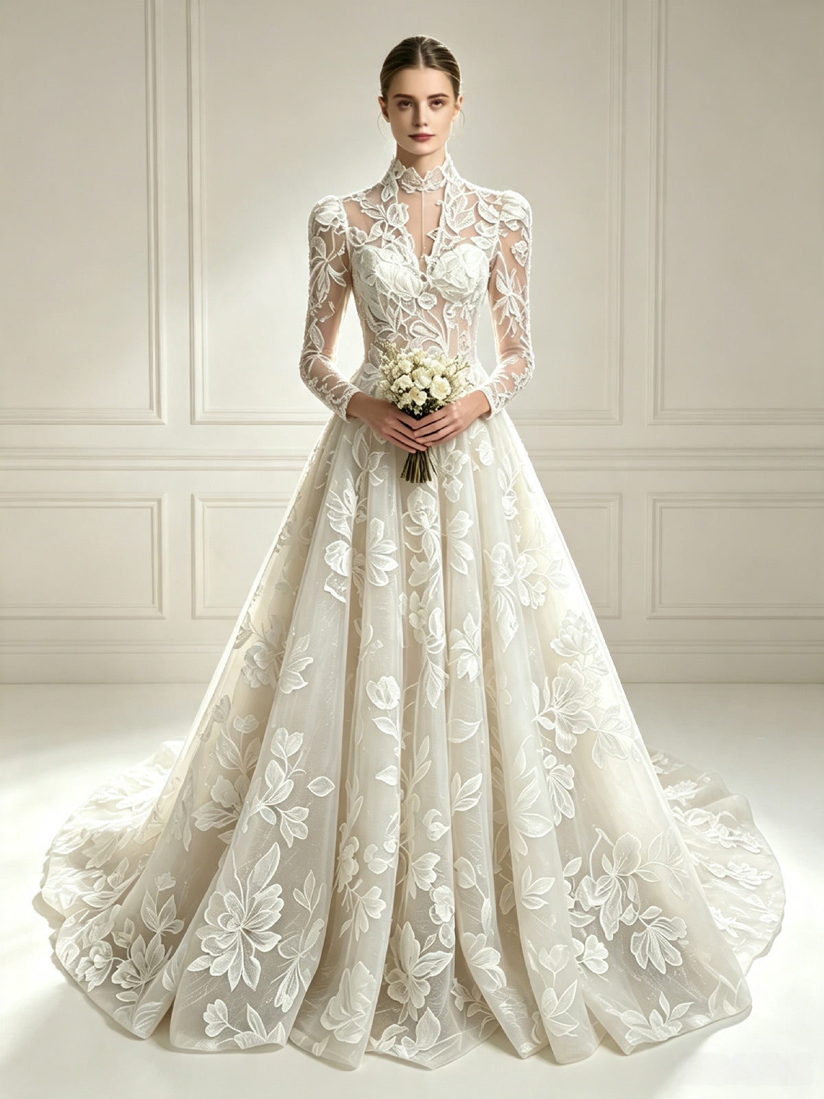 Robe de mariée de bal vintage à col montant, manches longues et dentelle florale | Robe de mariée avec traîne