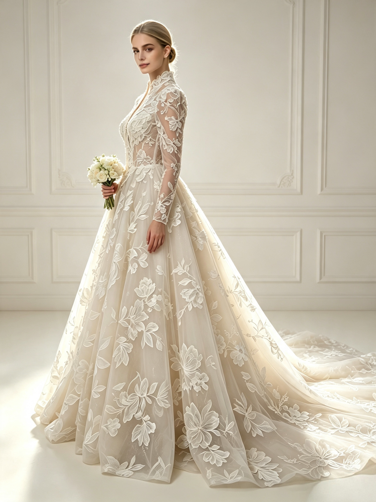 Geneviève High-Neck Floral Lace Ball Gown Wedding Dress