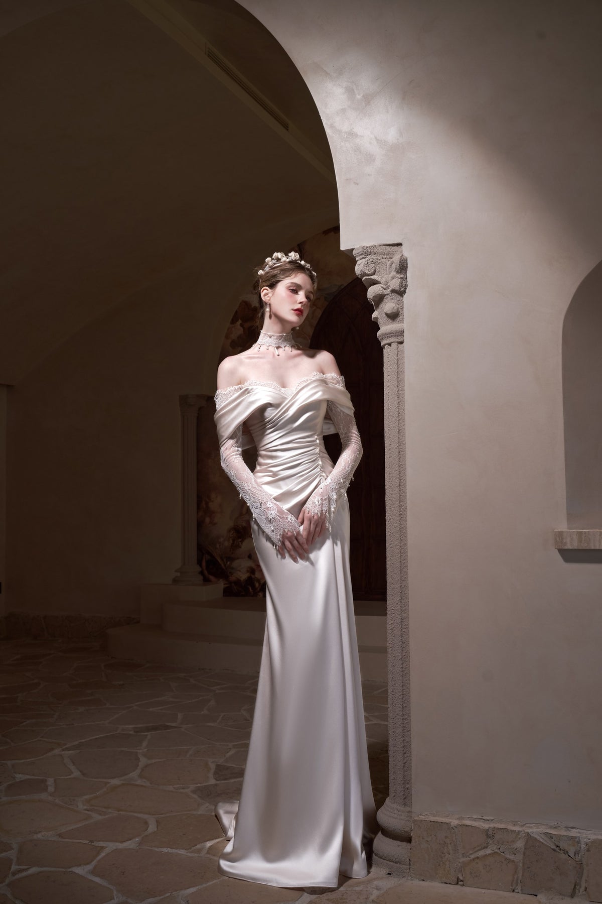 Solène Draped Satin Empire Wedding Dress with Detachable Lace Sleeves
