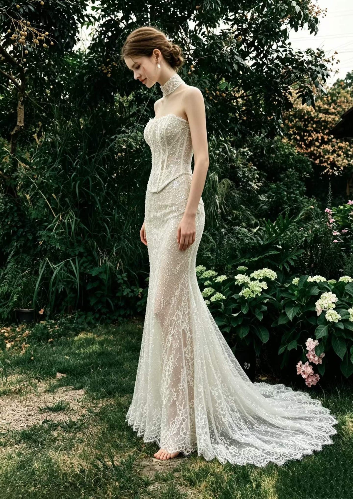 Robe de Mariée Sirène en Dentelle Scintillante avec Corset & Traîne – Sur Mesure