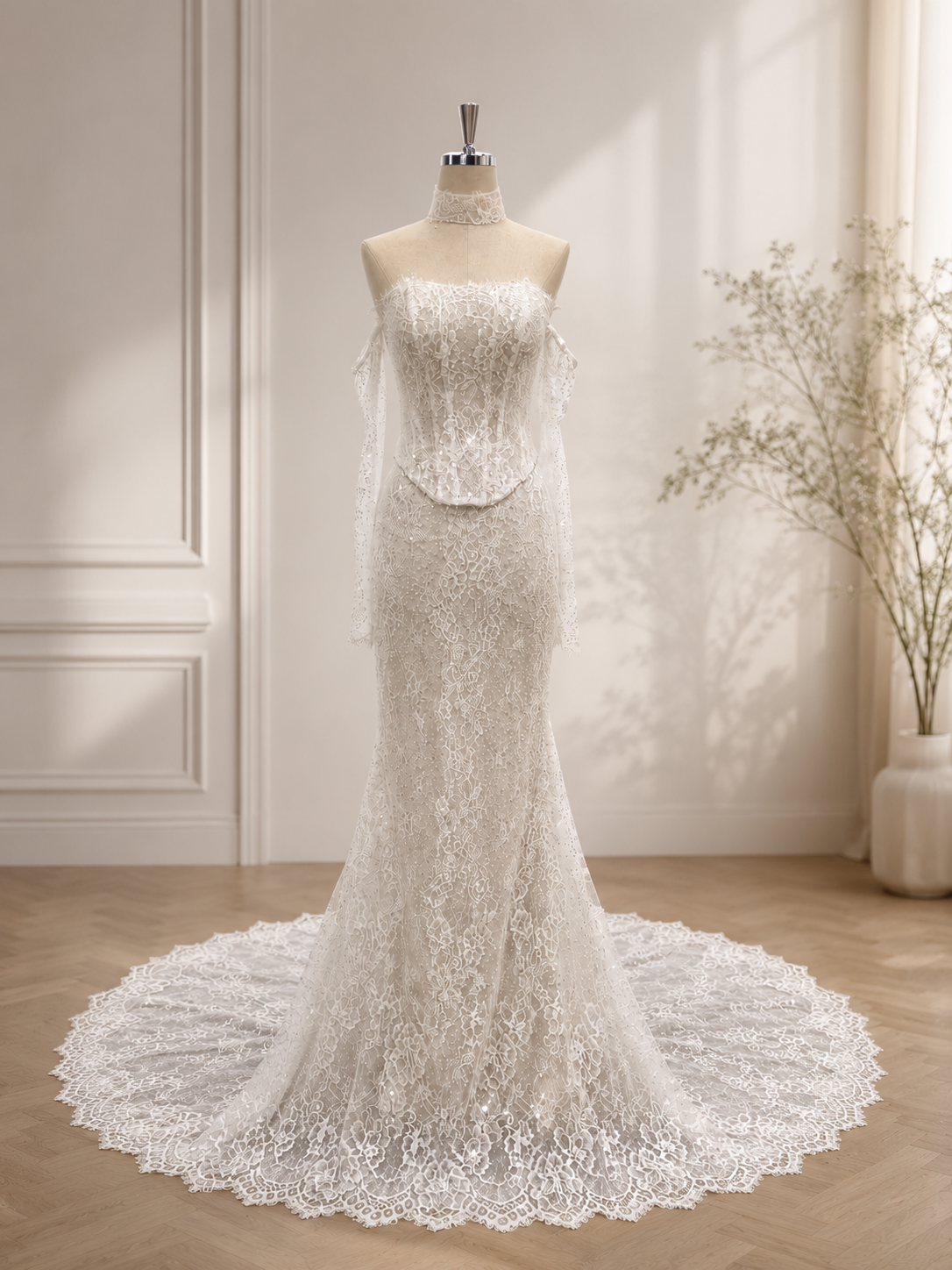 Robe de Mariée Sirène en Dentelle Scintillante avec Corset & Traîne – Sur Mesure