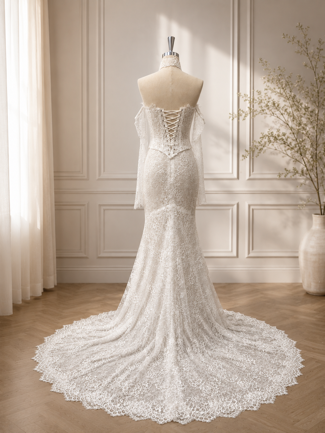 Robe de Mariée Sirène en Dentelle Scintillante avec Corset & Traîne – Sur Mesure