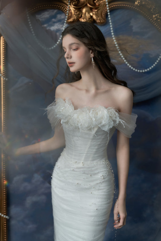 Opaline Feathered Off-Shoulder Sheath Wedding Dress