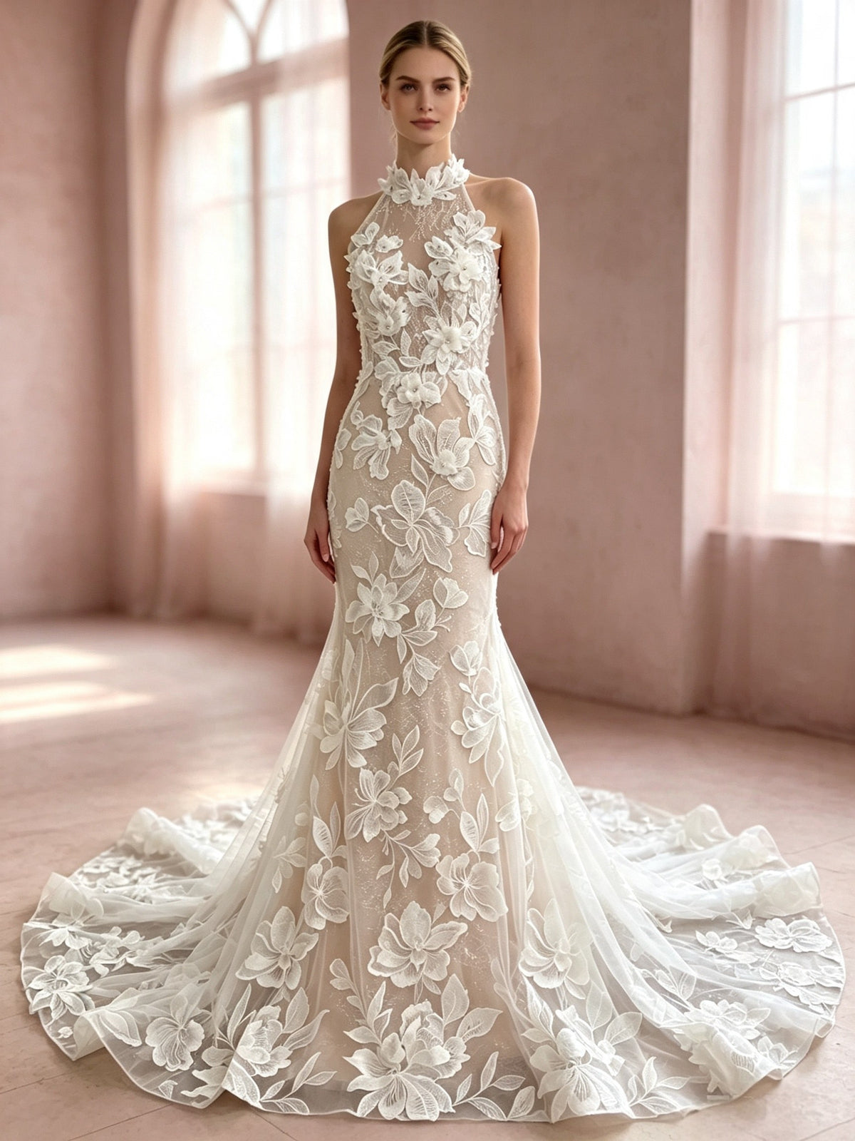 Amélie Halter-Neck 3D Floral Lace Mermaid Wedding Dress