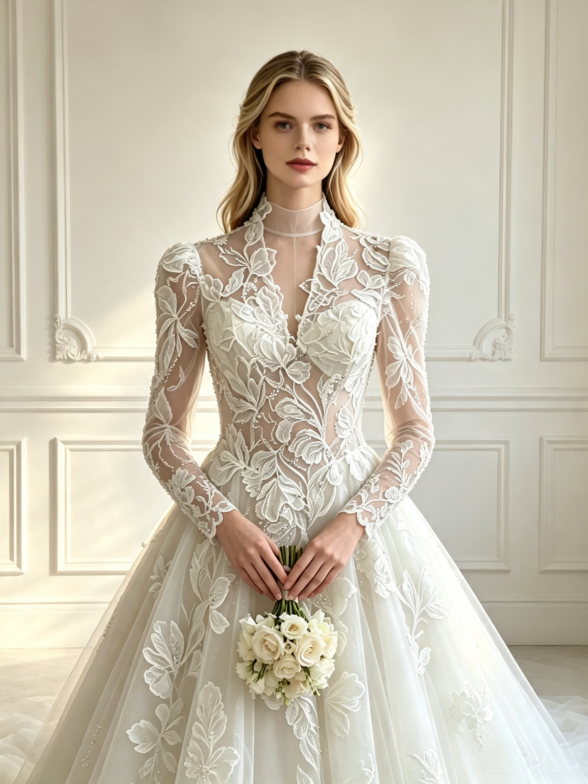 Geneviève High-Neck Floral Lace Ball Gown Wedding Dress