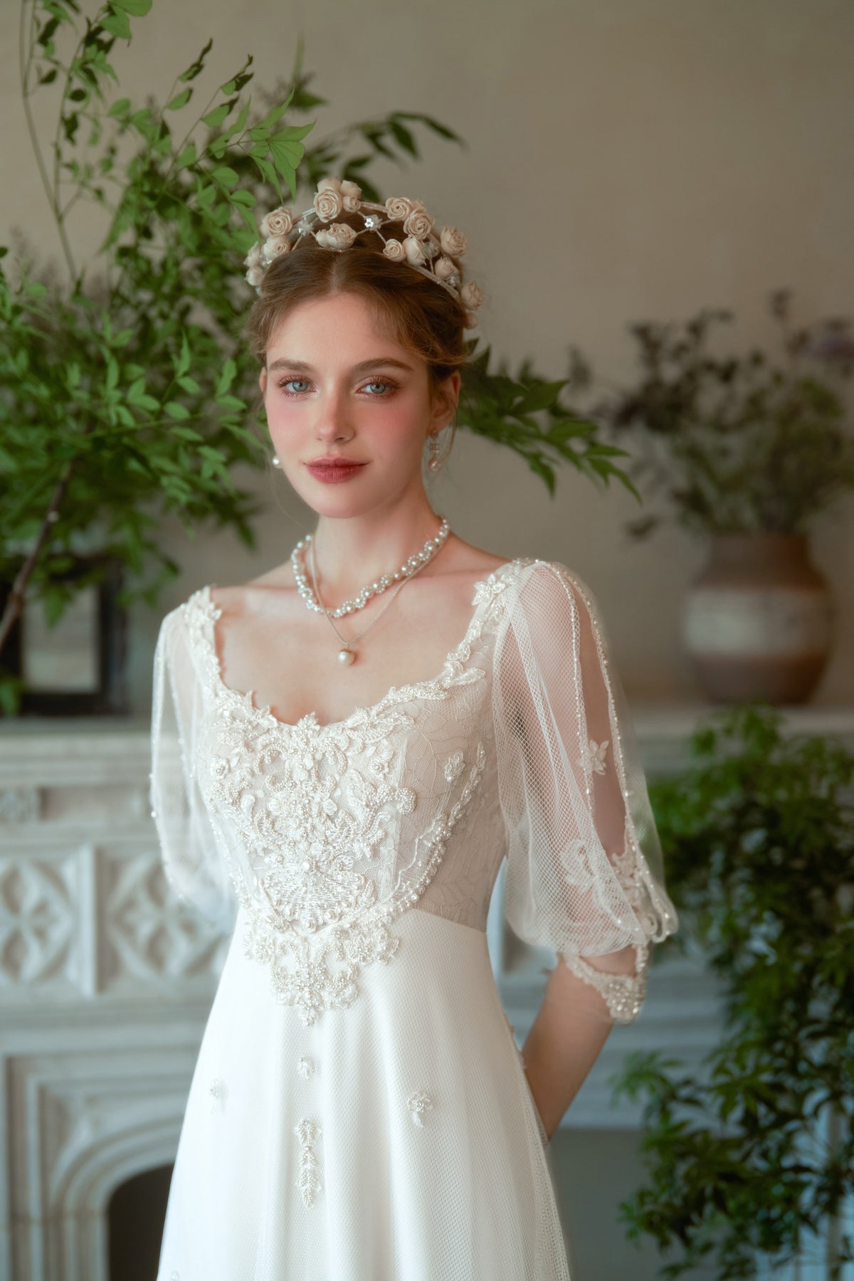 Evangeline Romantic Lace A-Line Wedding Dress with Sheer Sleeves