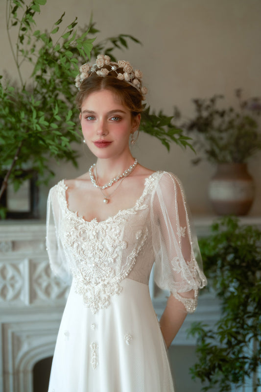 Evangeline Romantic Lace A-Line Wedding Dress with Sheer Sleeves