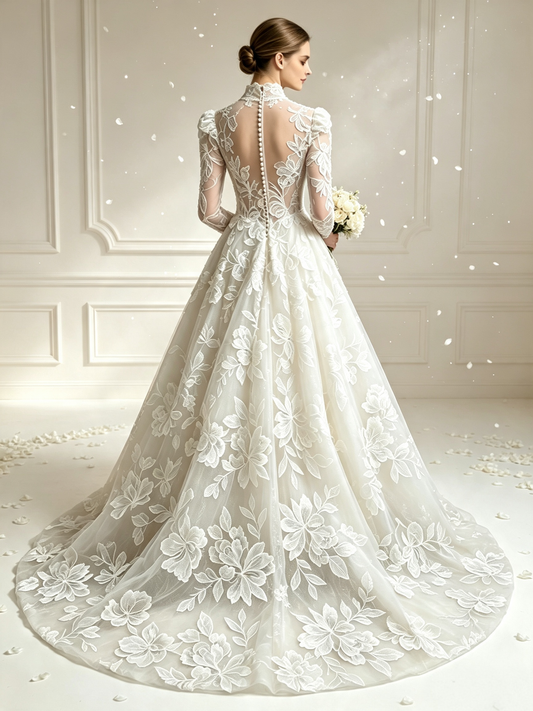 Geneviève High-Neck Floral Lace Ball Gown Wedding Dress