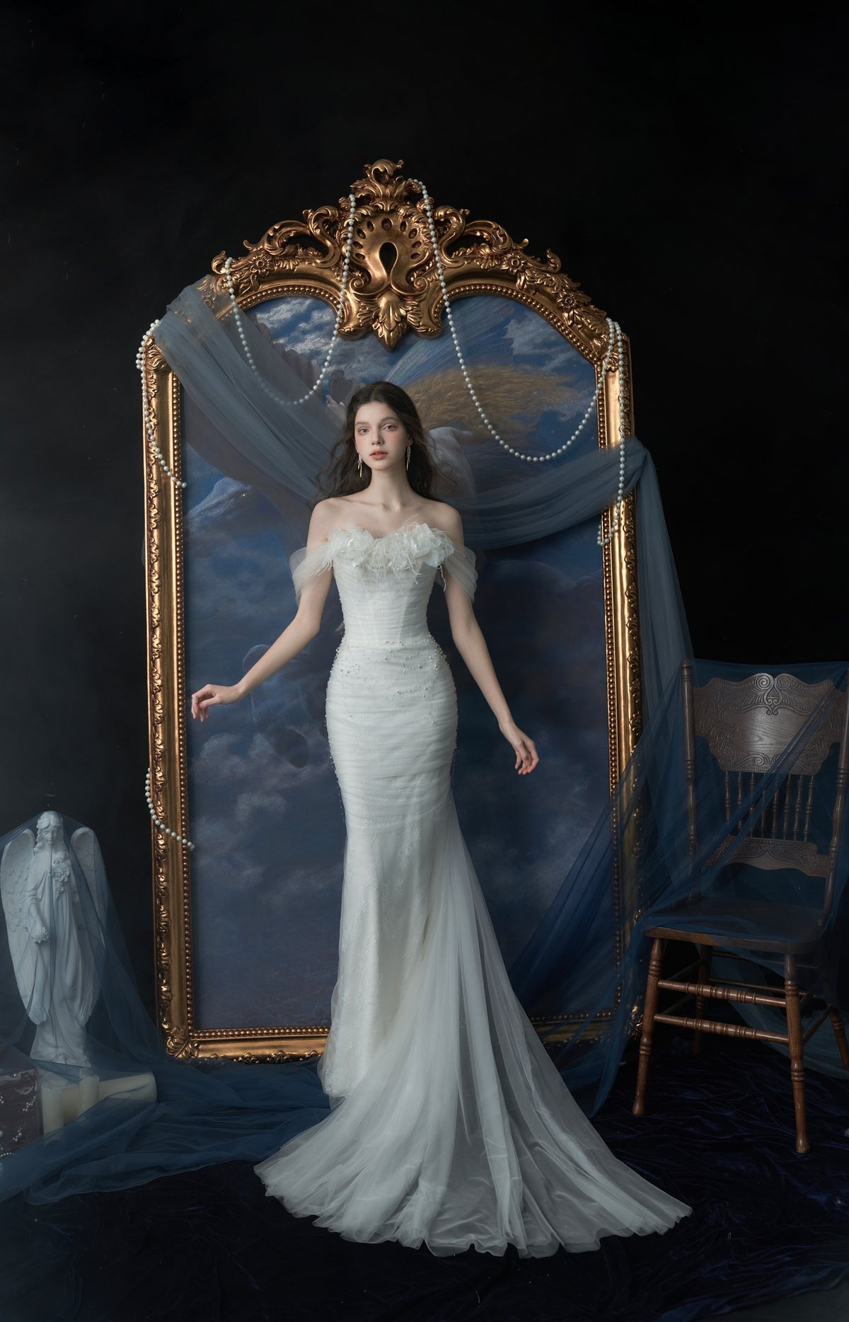 Opaline Feathered Off-Shoulder Sheath Wedding Dress