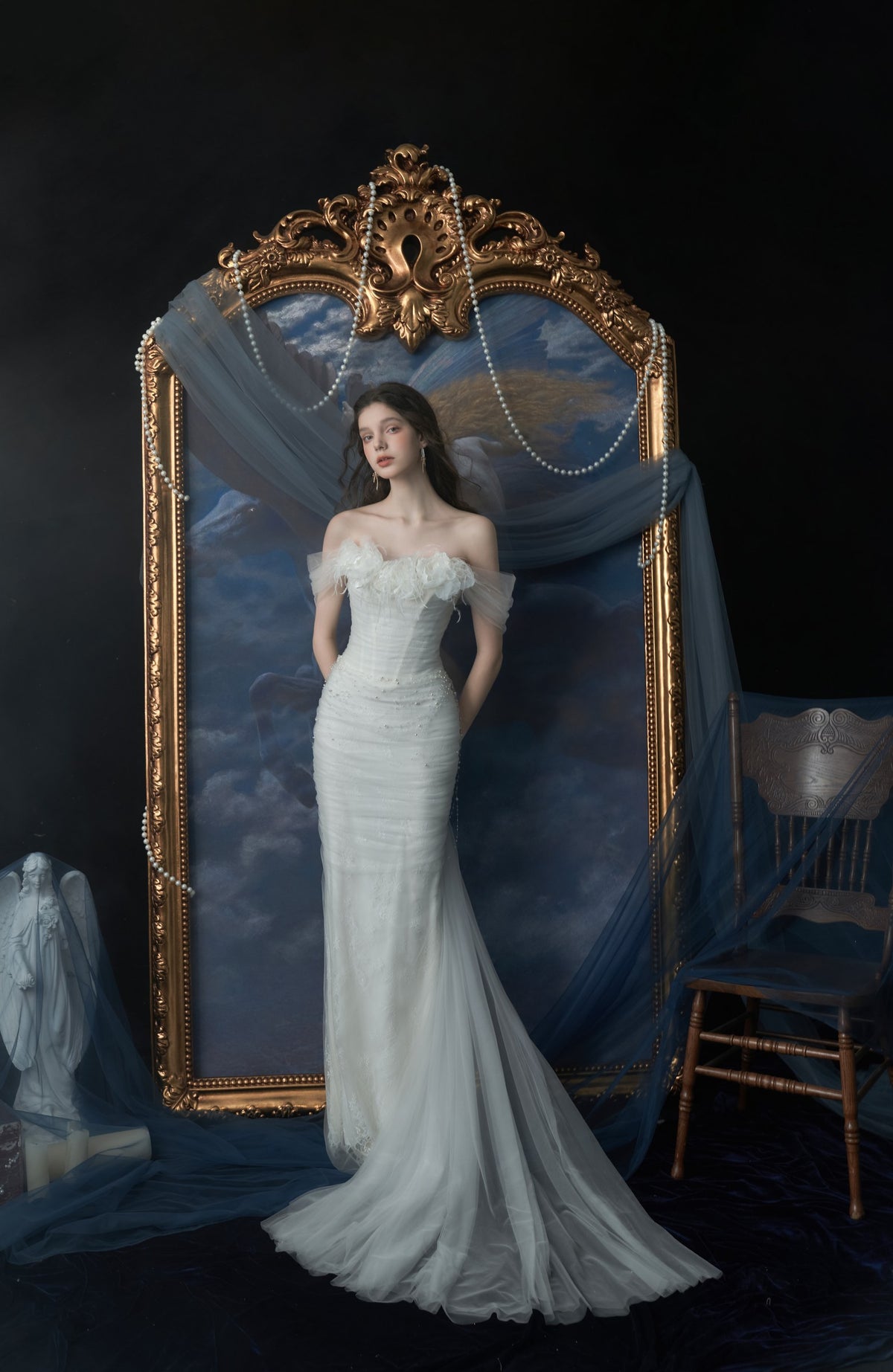 Opaline Feathered Off-Shoulder Sheath Wedding Dress