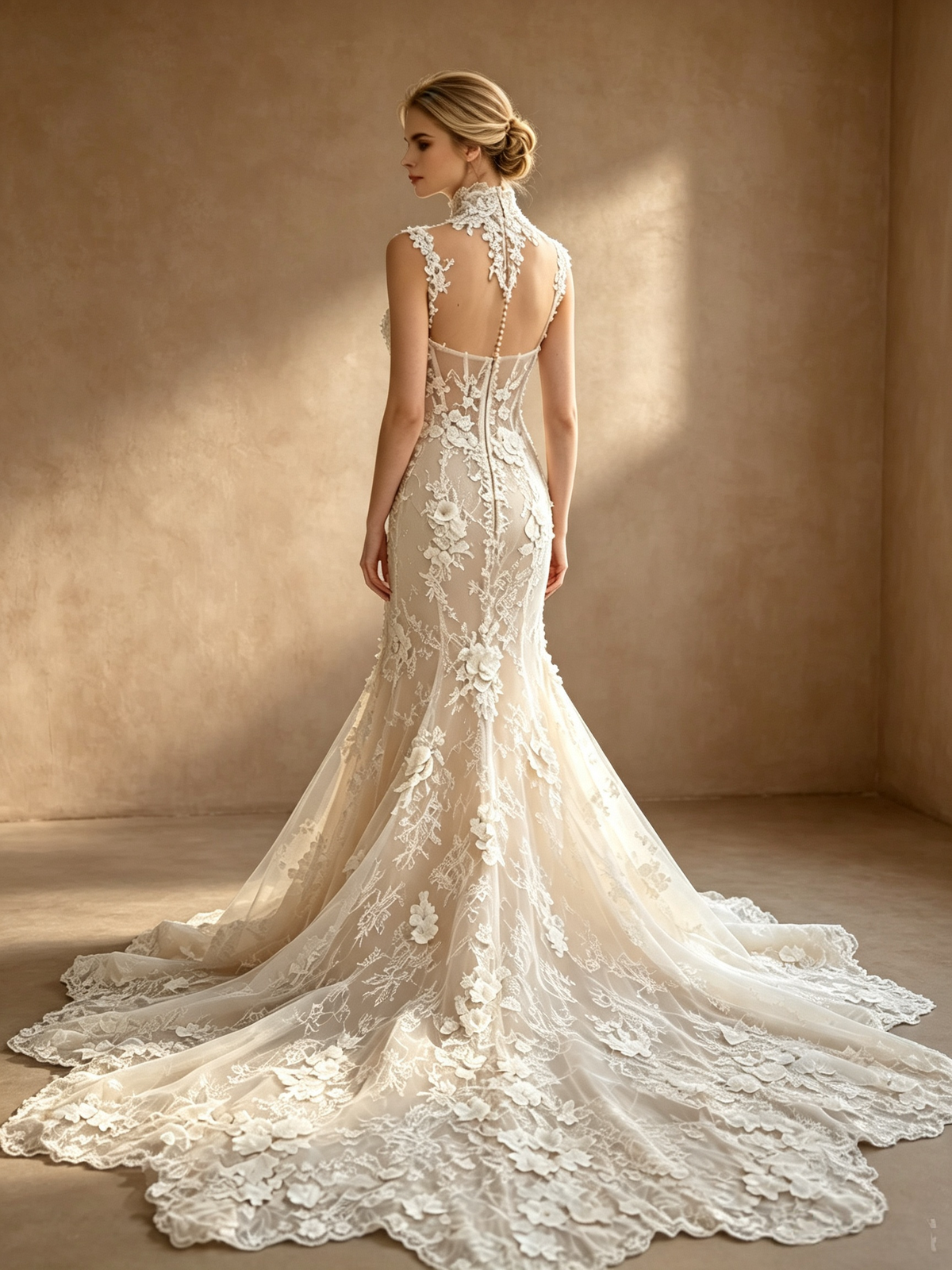 Robe de mariée sirène Élodie en dentelle florale 3D avec col haut