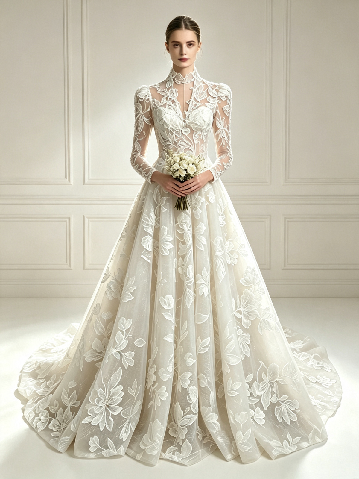 Geneviève High-Neck Floral Lace Ball Gown Wedding Dress