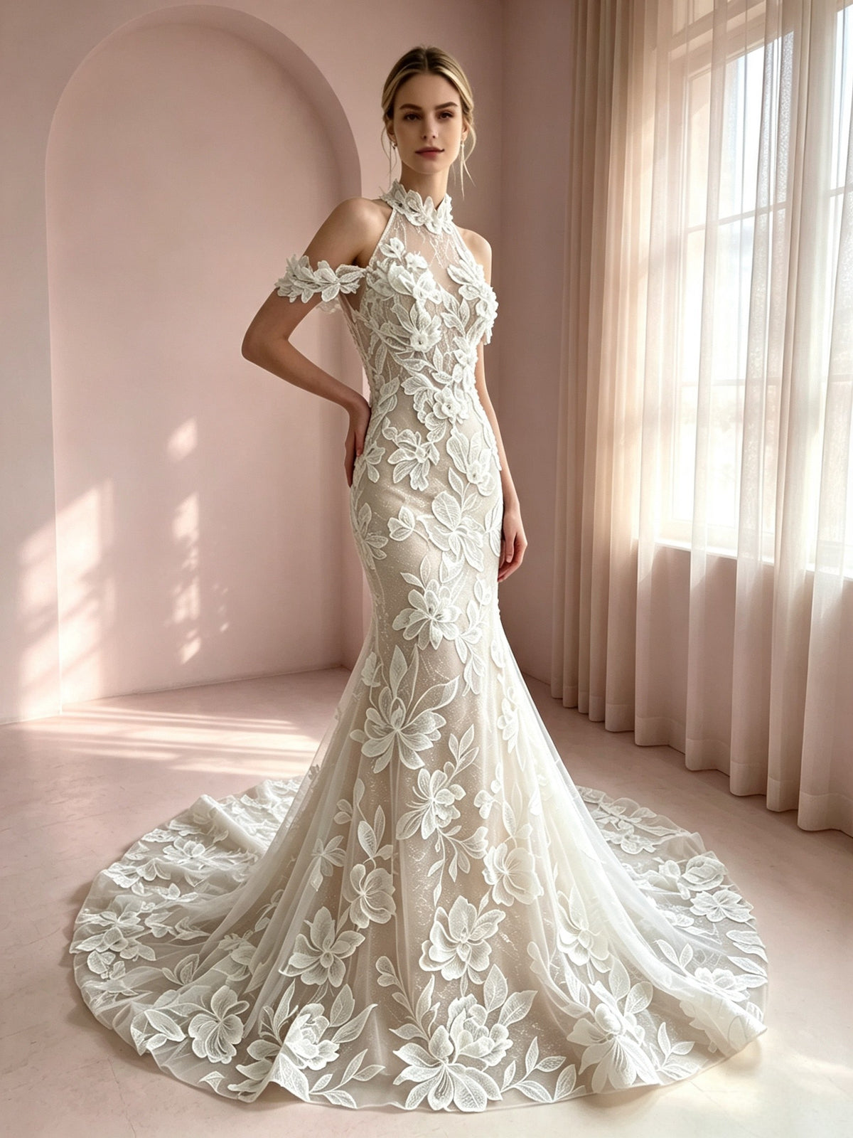 Amélie Halter-Neck 3D Floral Lace Mermaid Wedding Dress