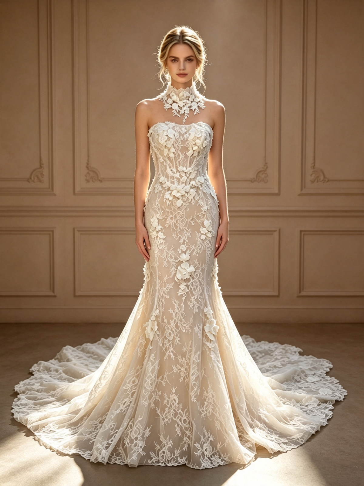 Robe de mariée sirène Élodie en dentelle florale 3D avec col haut