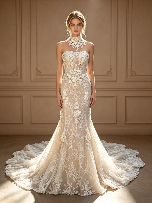 Élodie 3D Floral Lace Mermaid Wedding Dress with High-Neck Collar