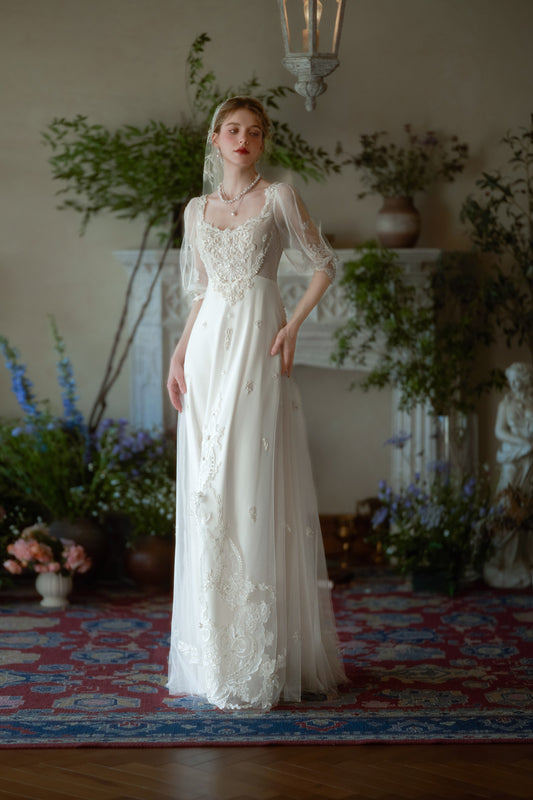 Evangeline Romantic Lace A-Line Wedding Dress with Sheer Sleeves