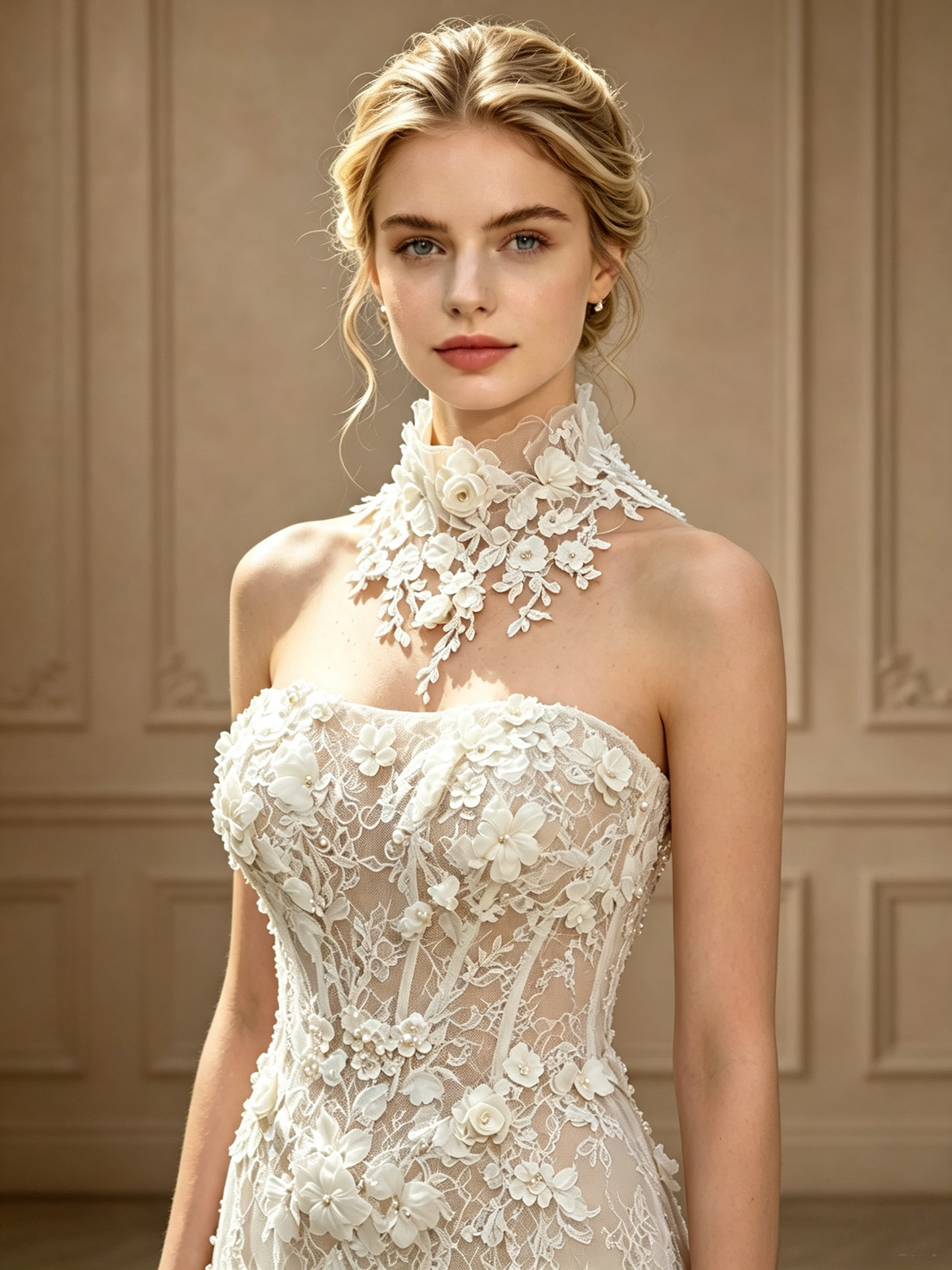Robe de mariée sirène Élodie en dentelle florale 3D avec col haut