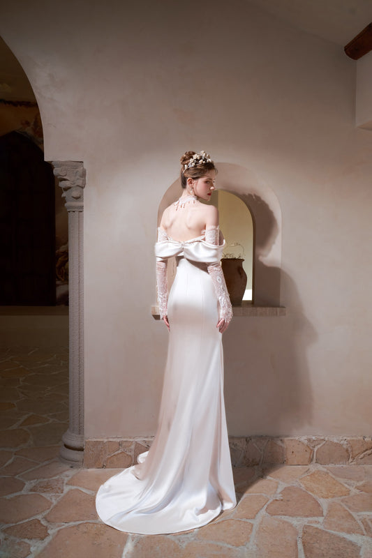 Solène Draped Satin Empire Wedding Dress with Detachable Lace Sleeves