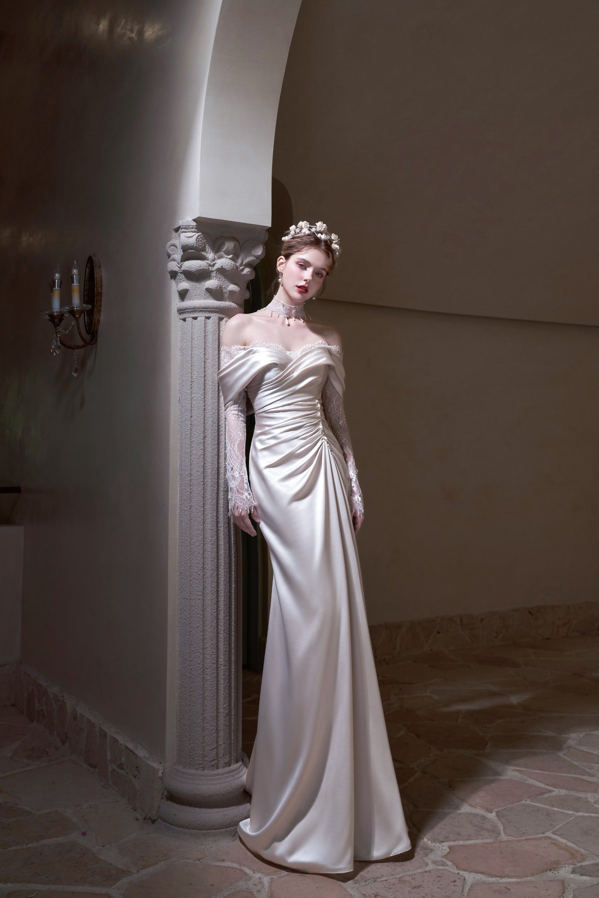 Solène Draped Satin Empire Wedding Dress with Detachable Lace Sleeves