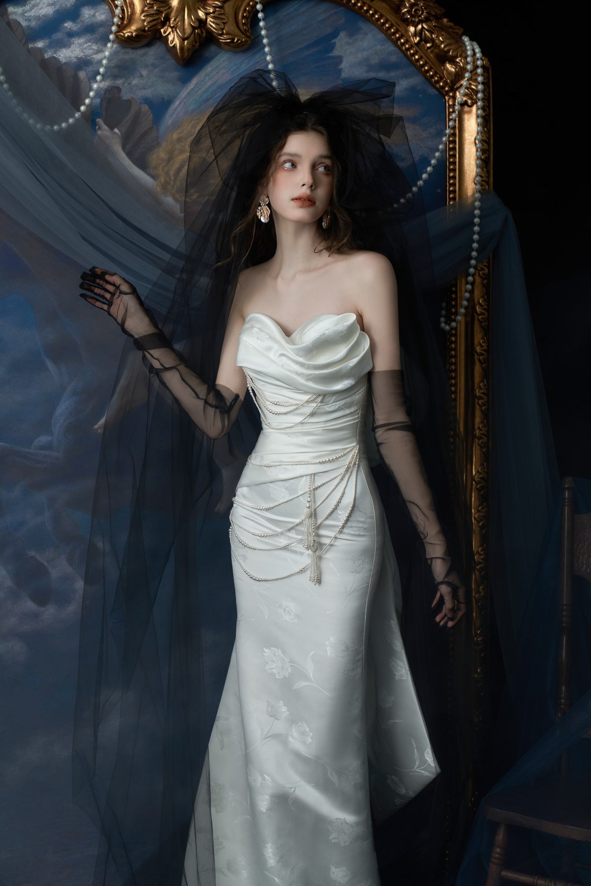 Nocturne Pearl-Draped Jacquard Sheath Wedding Dress