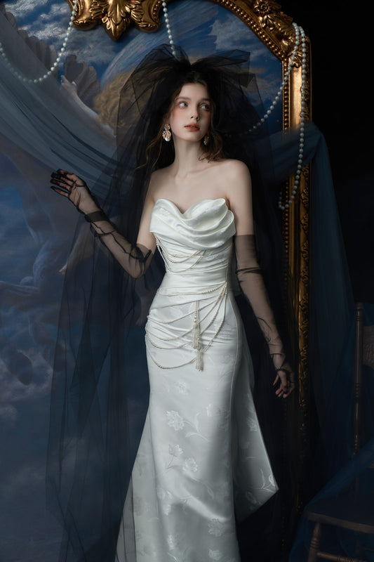 Nocturne Pearl-Draped Jacquard Sheath Wedding Dress