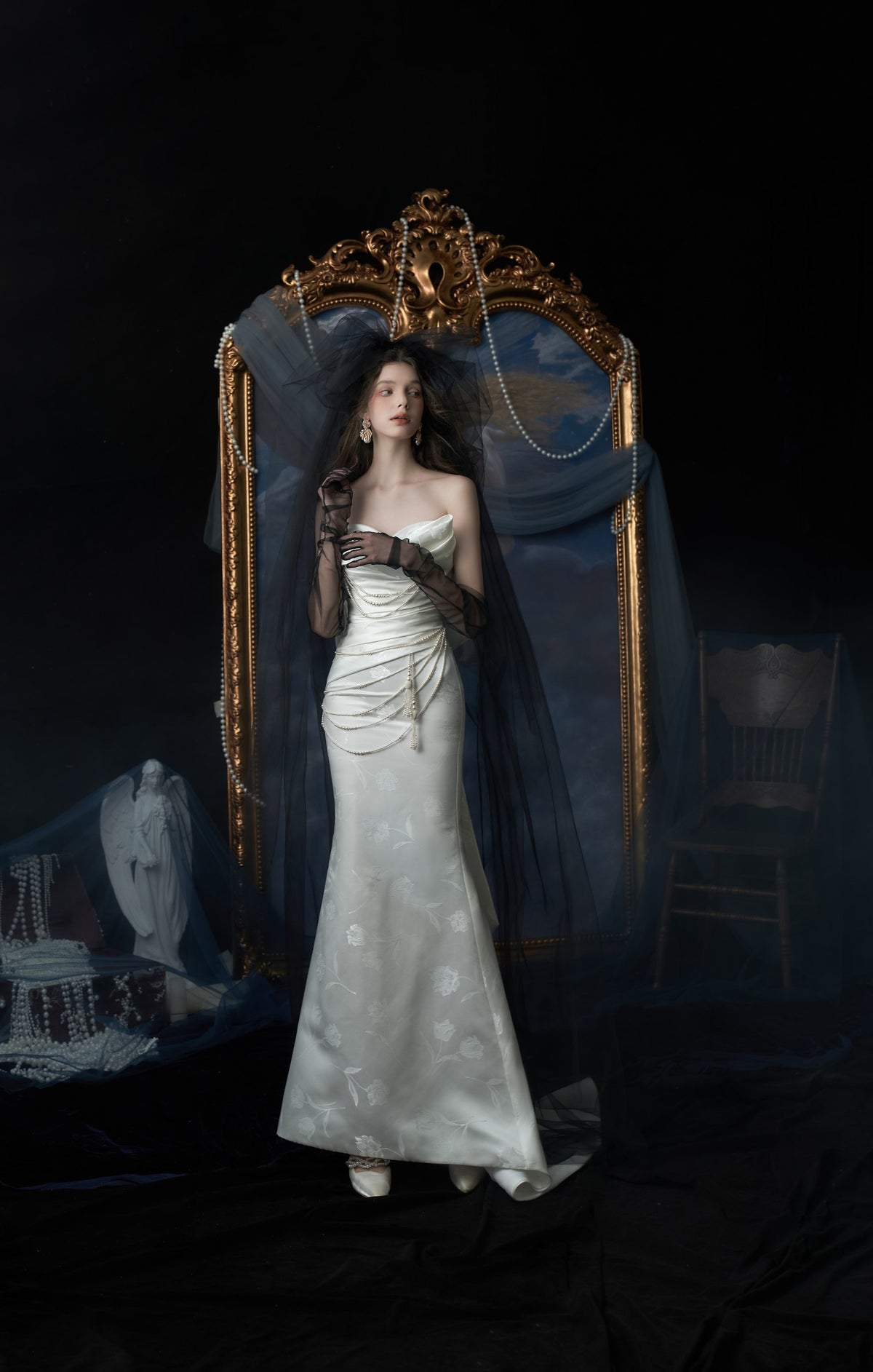 Nocturne Pearl-Draped Jacquard Sheath Wedding Dress